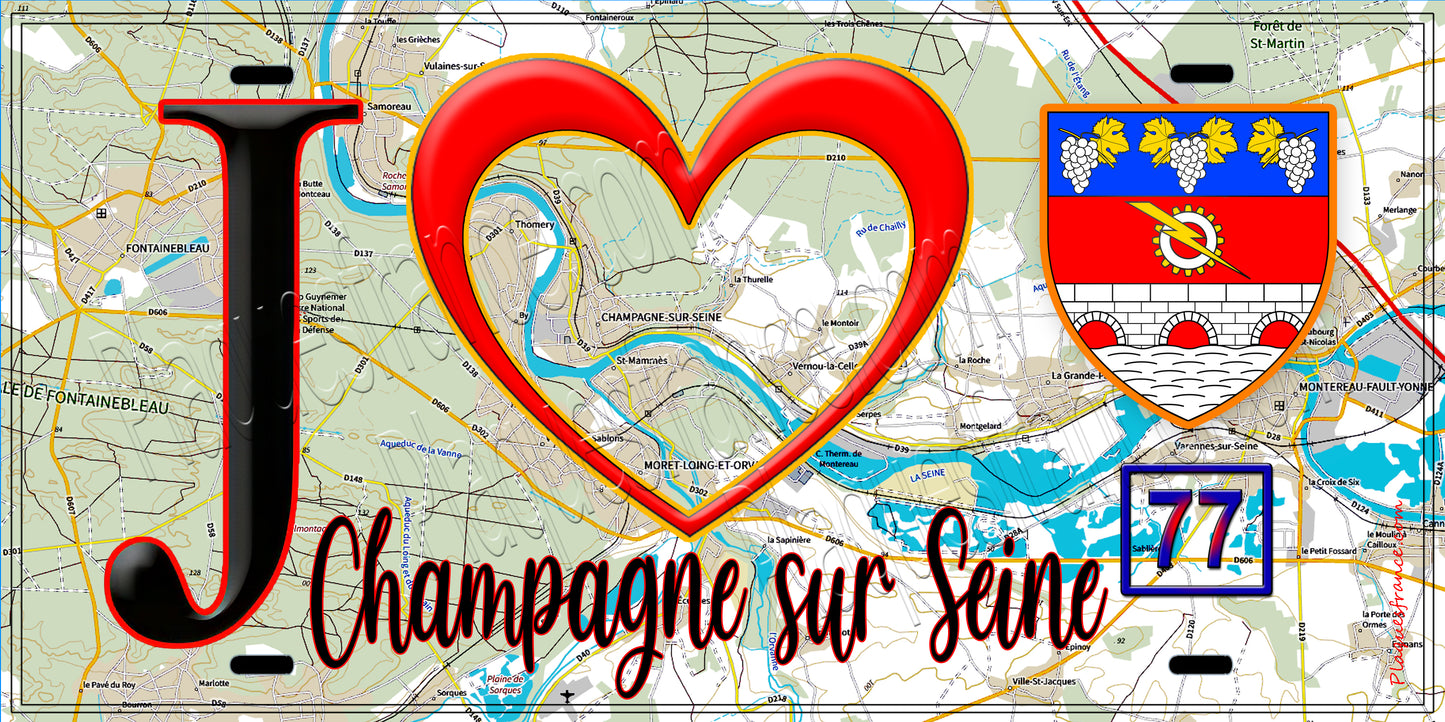 Plaque métal décorative  J' ❤️Champagne-sur-Seine, Seine et Marne (77) fond carte