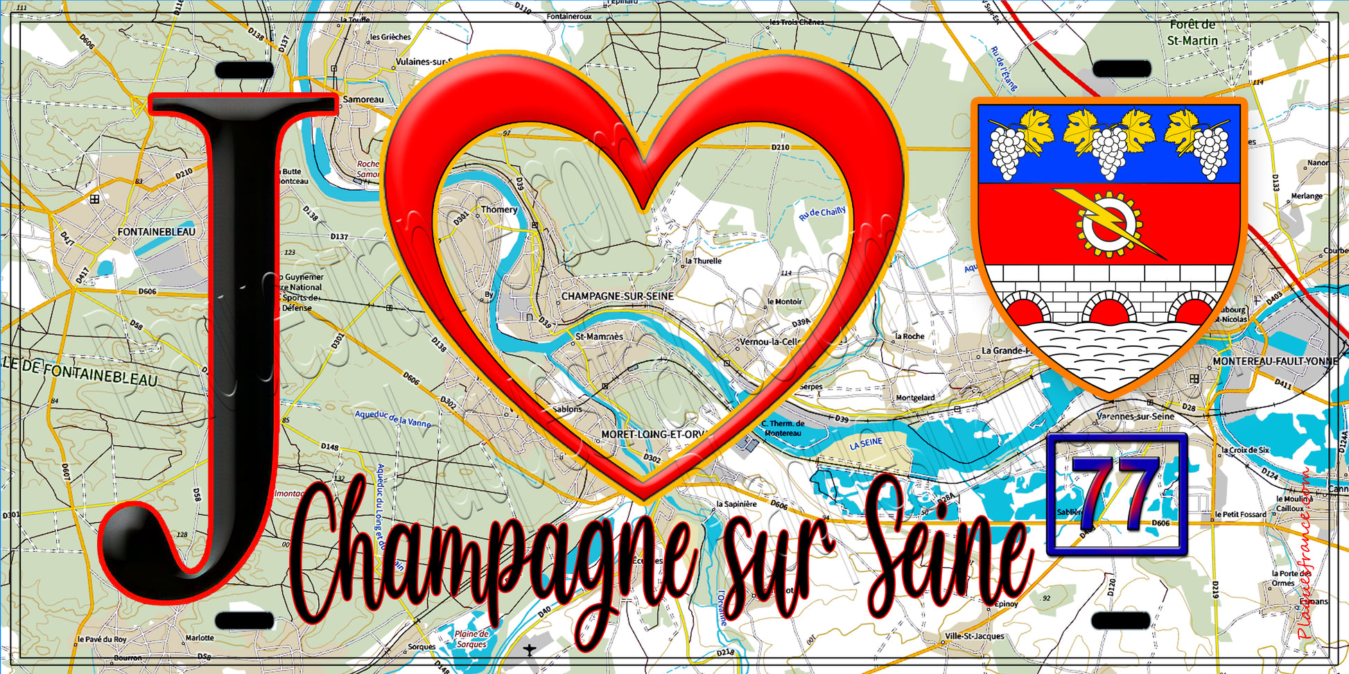 Plaque métal décorative  J' ❤️Champagne-sur-Seine, Seine et Marne (77) fond carte