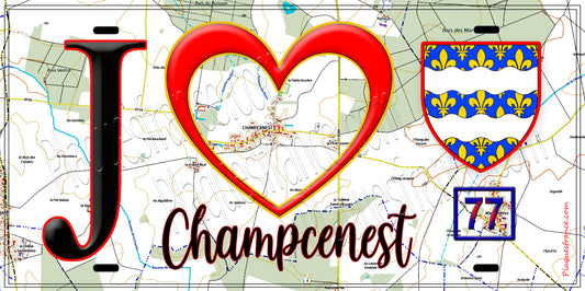 Plaque métal décorative  J' ❤️Champcenest, Seine et Marne (77) fond carte