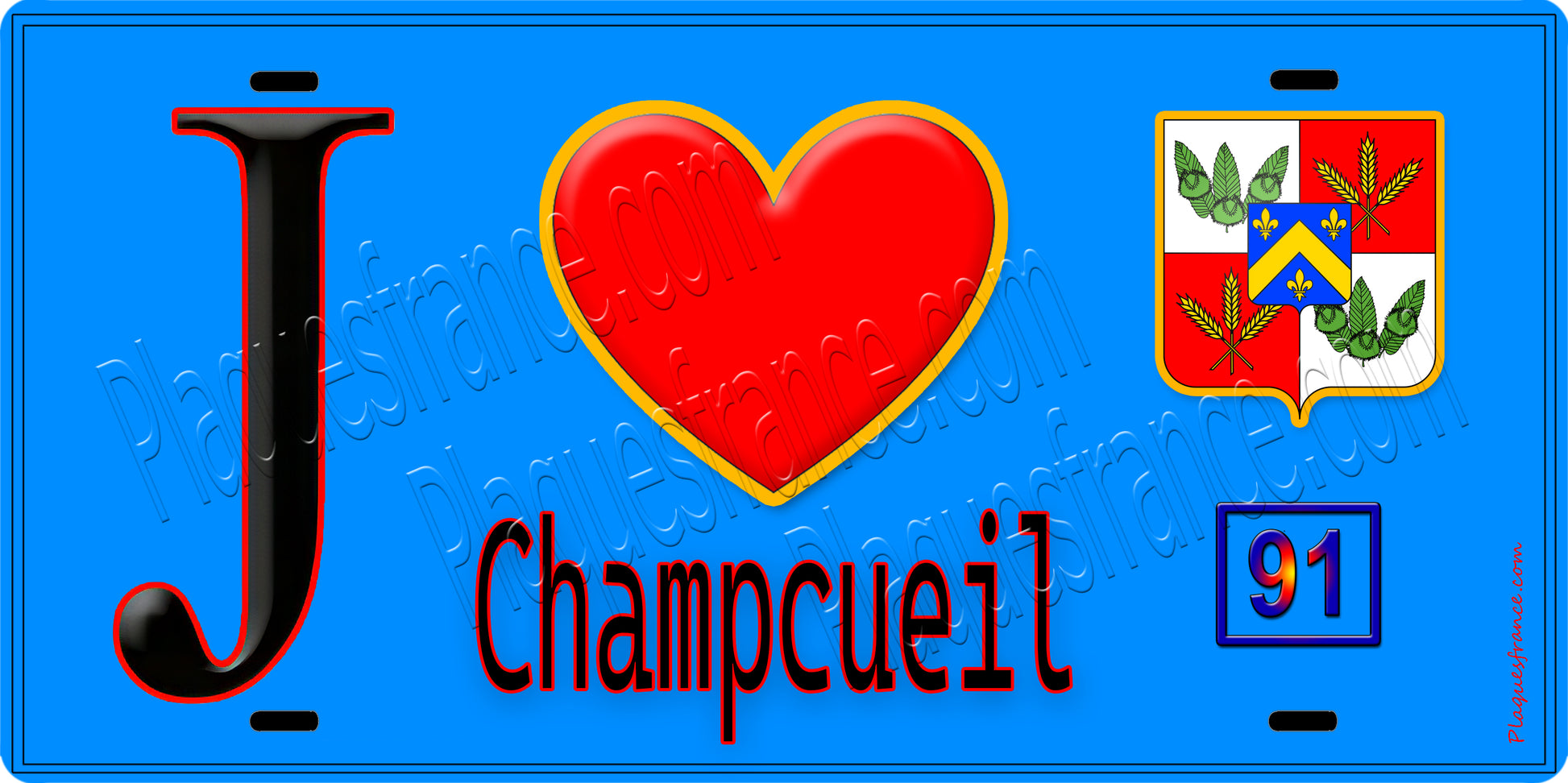 Plaque métal décorative  J' ❤️Champcueil, Essonne (91) fond bleu