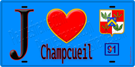 Plaque métal décorative  J' ❤️Champcueil, Essonne (91) fond bleu