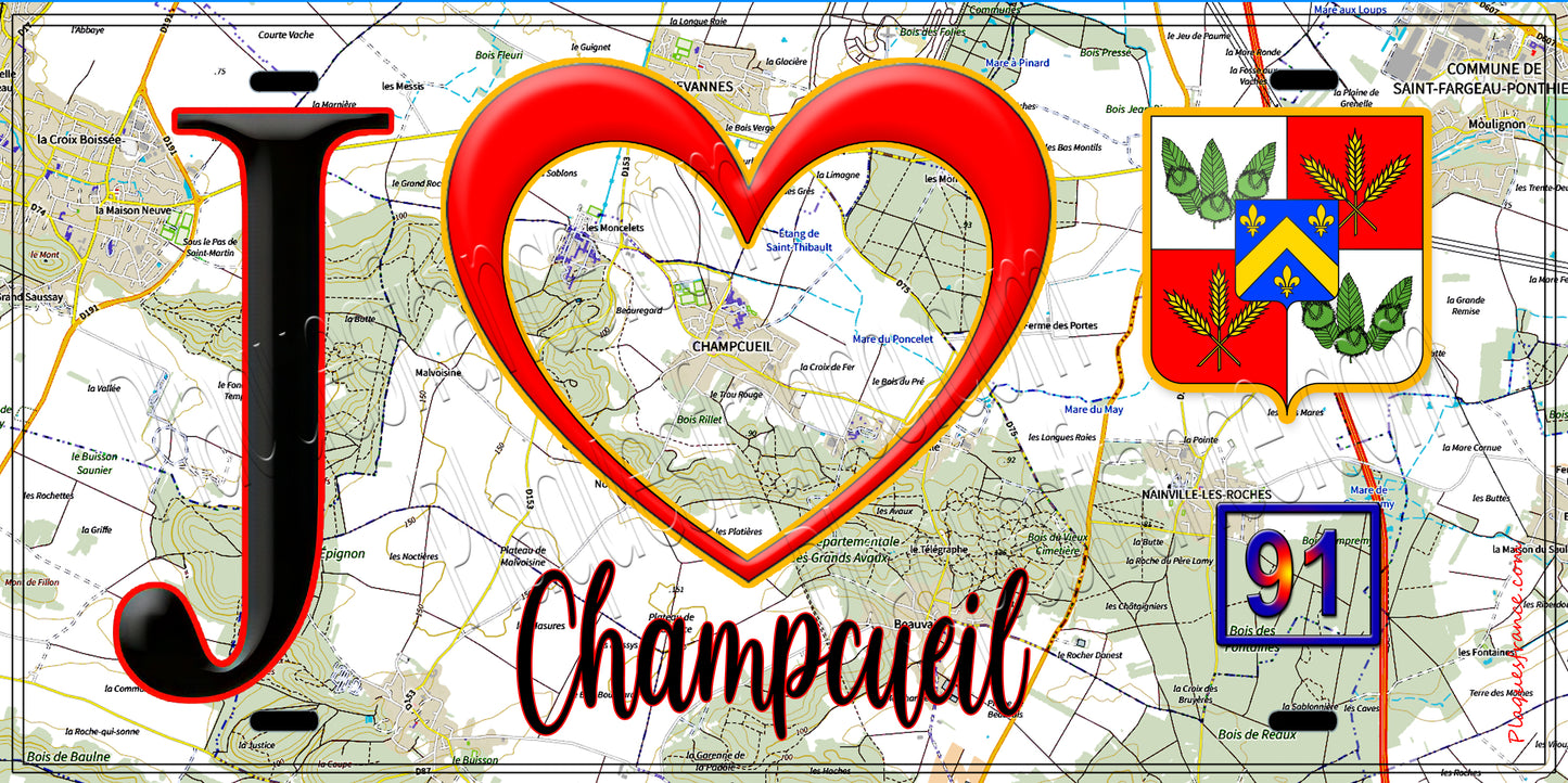 Plaque métal décorative  J' ❤️Champcueil, Essonne (91) fond carte