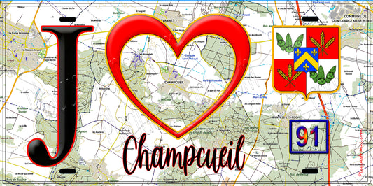 Plaque métal décorative  J' ❤️Champcueil, Essonne (91) fond carte