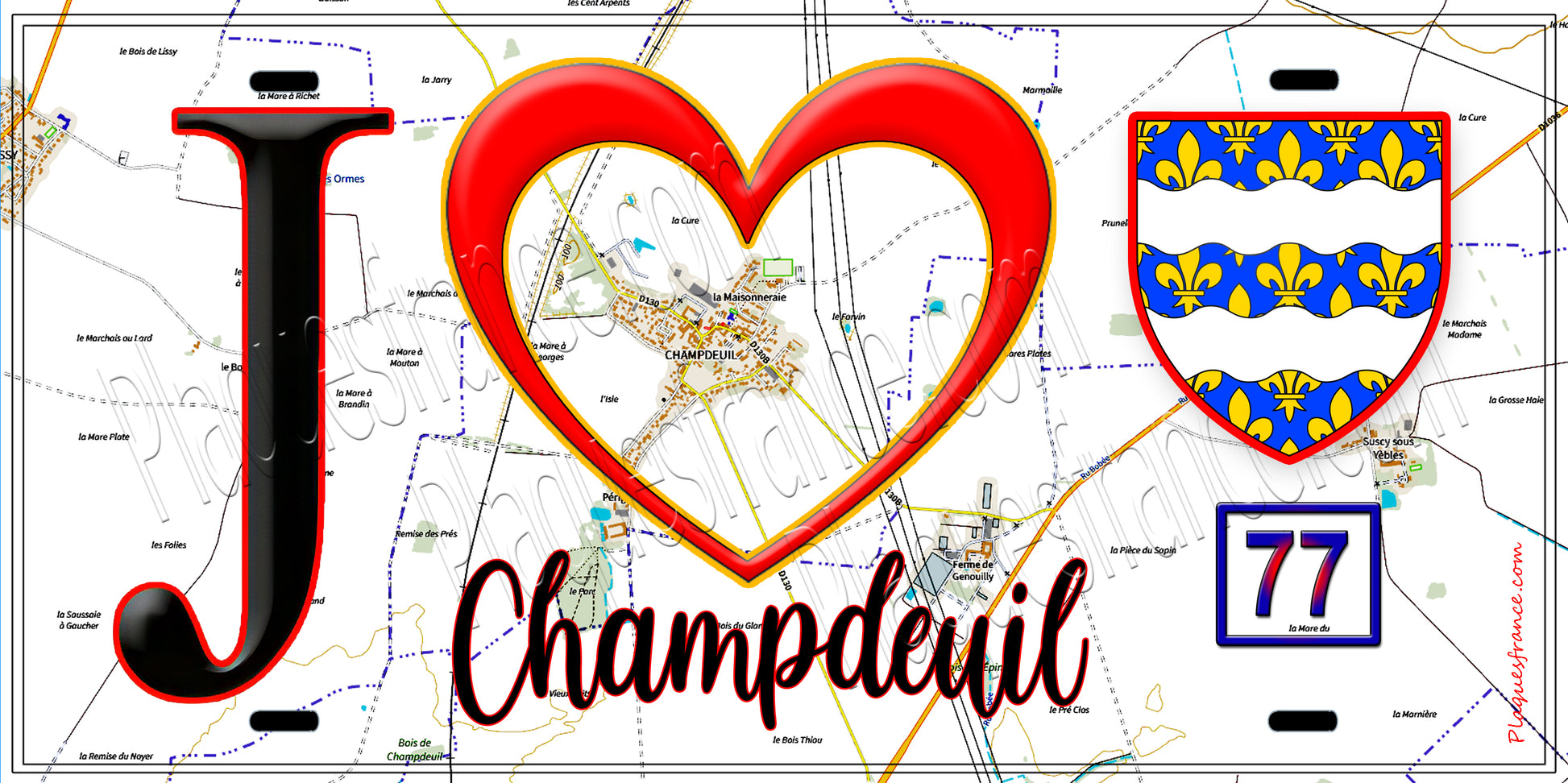 Plaque métal décorative  J' ❤️Champdeuil, Seine et Marne (77) fond carte
