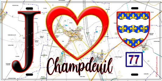 Plaque métal décorative  J' ❤️Champdeuil, Seine et Marne (77) fond carte