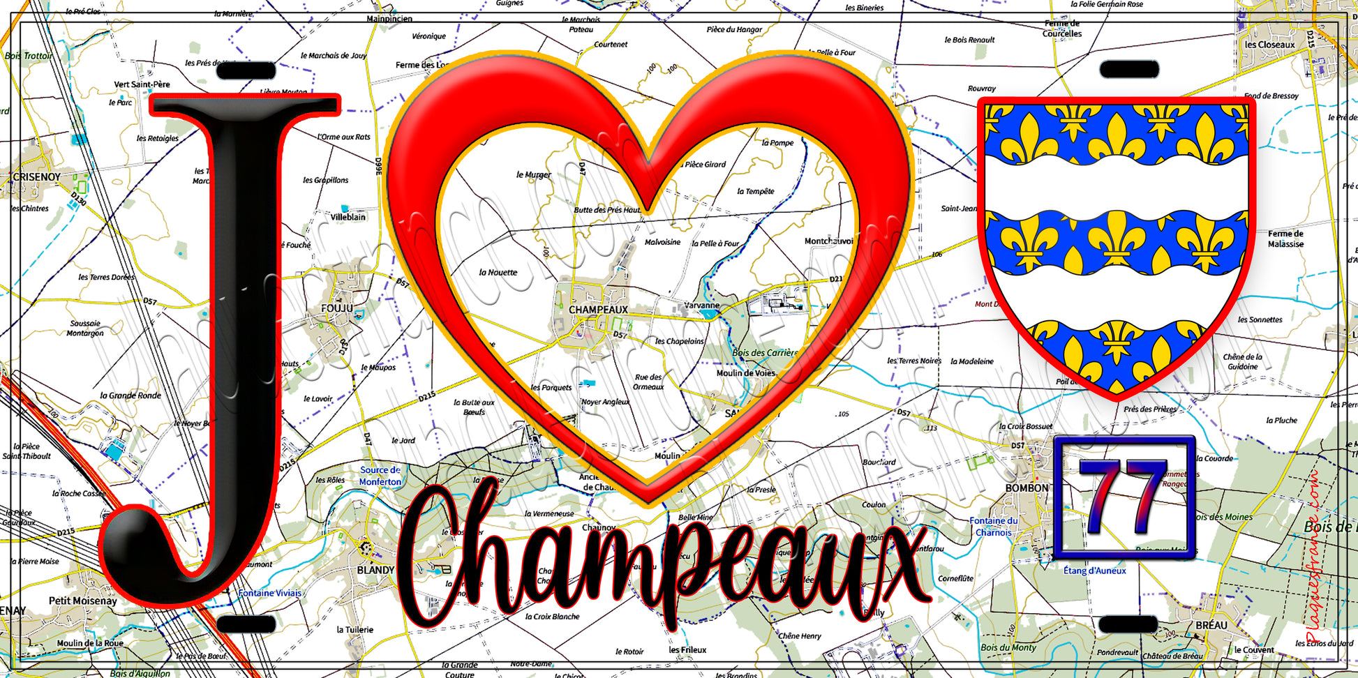 Plaque métal décorative  J' ❤️Champeaux, Seine et Marne (77) fond carte