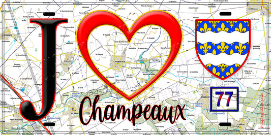 Plaque métal décorative  J' ❤️Champeaux, Seine et Marne (77) fond carte