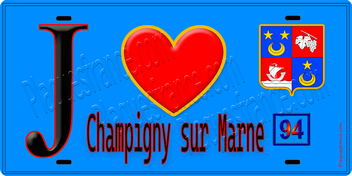 Plaque métal décorative  J' ❤️Champigny-sur-Marne, Val de Marne (94) fond bleu