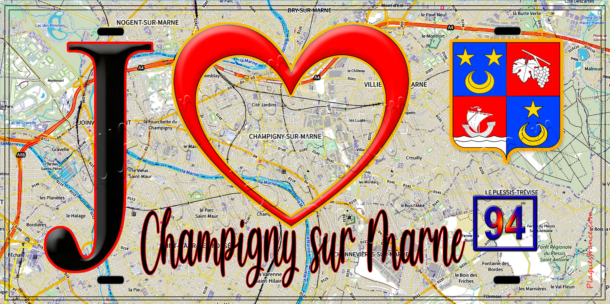 Plaque métal décorative  J' ❤️Champigny-sur-Marne, Val de Marne (94) fond carte