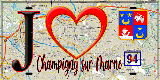 Plaque métal décorative  J' ❤️Champigny-sur-Marne, Val de Marne (94) fond carte
