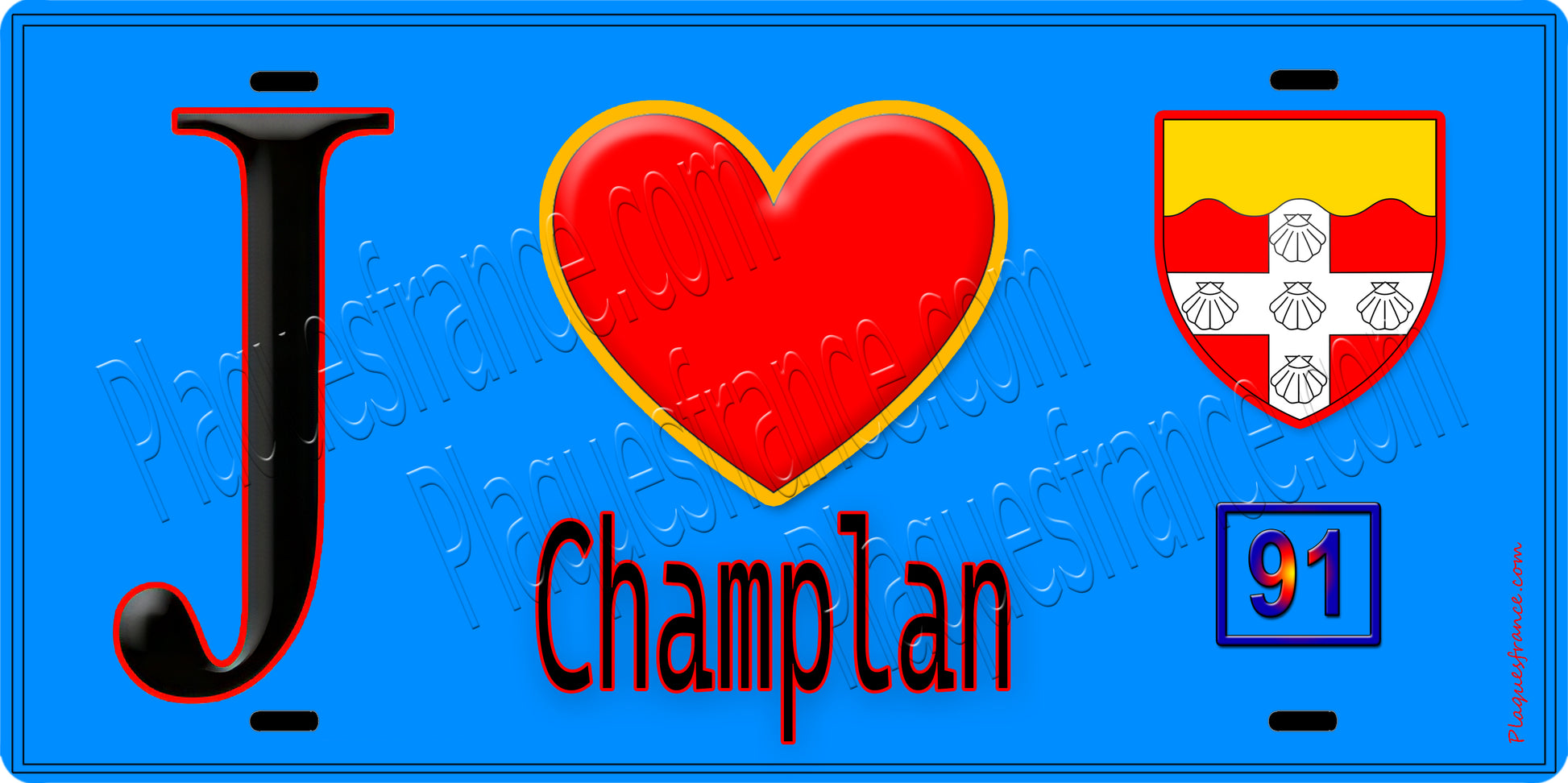 Plaque métal décorative  J' ❤️Champlan, Essonne (91) fond bleu