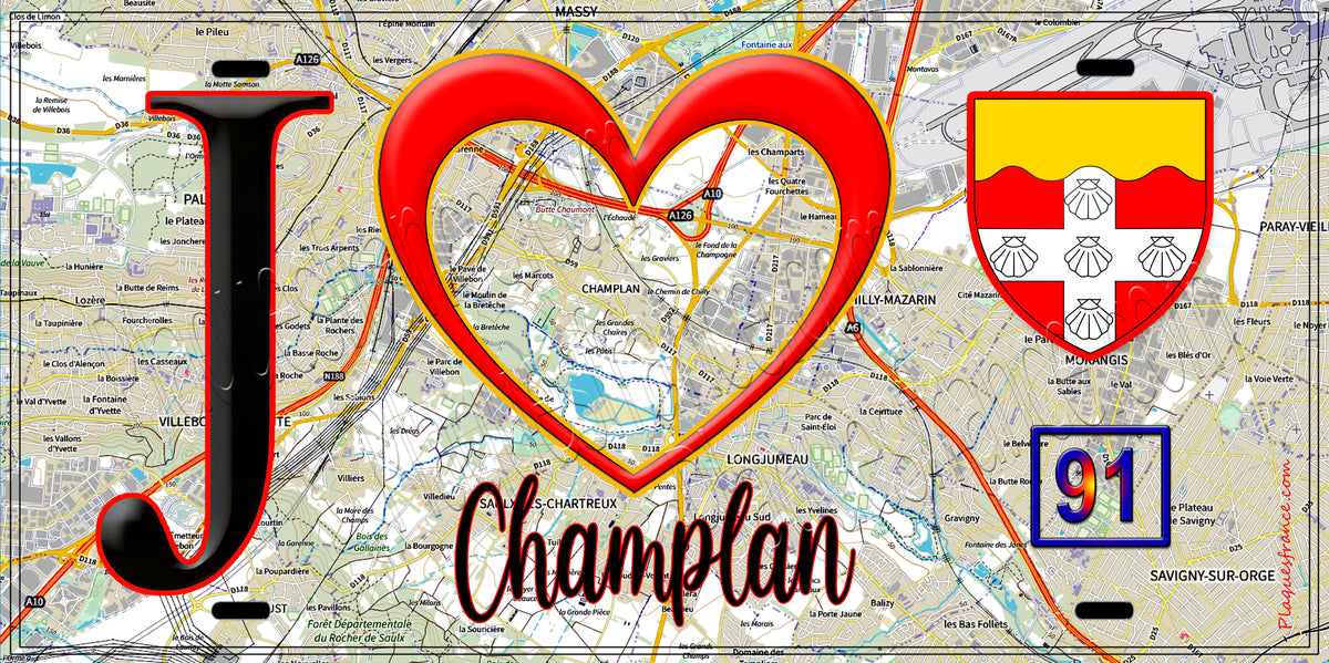 Plaque métal décorative  J' ❤️Champlan, Essonne (91) fond carte