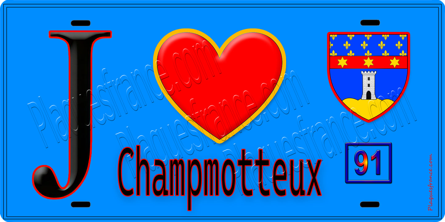 Plaque métal décorative  J' ❤️Champmotteux, Essonne (91) fond bleu