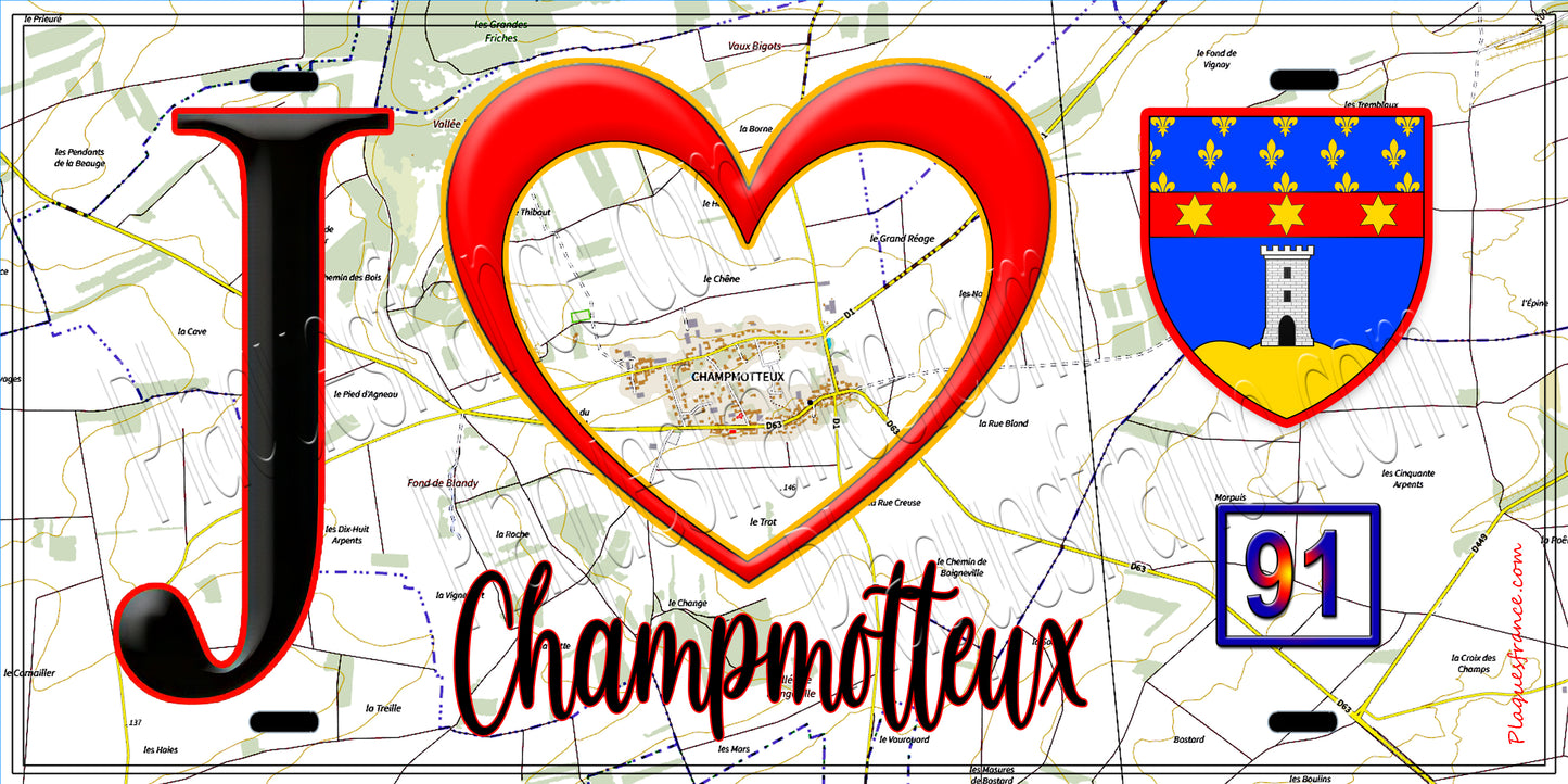 Plaque métal décorative  J' ❤️Champmotteux, Essonne (91) fond carte