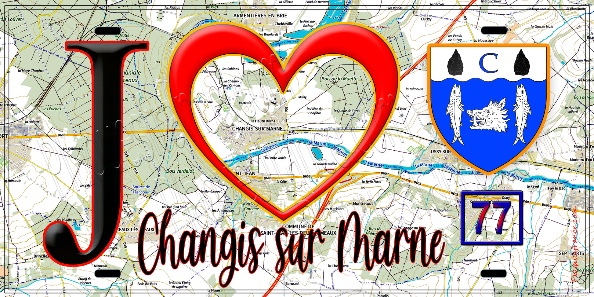 Plaque métal décorative  J' ❤️Changis-sur-Marne, Seine et Marne (77) fond carte