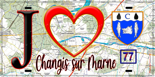 Plaque métal décorative  J' ❤️Changis-sur-Marne, Seine et Marne (77) fond carte