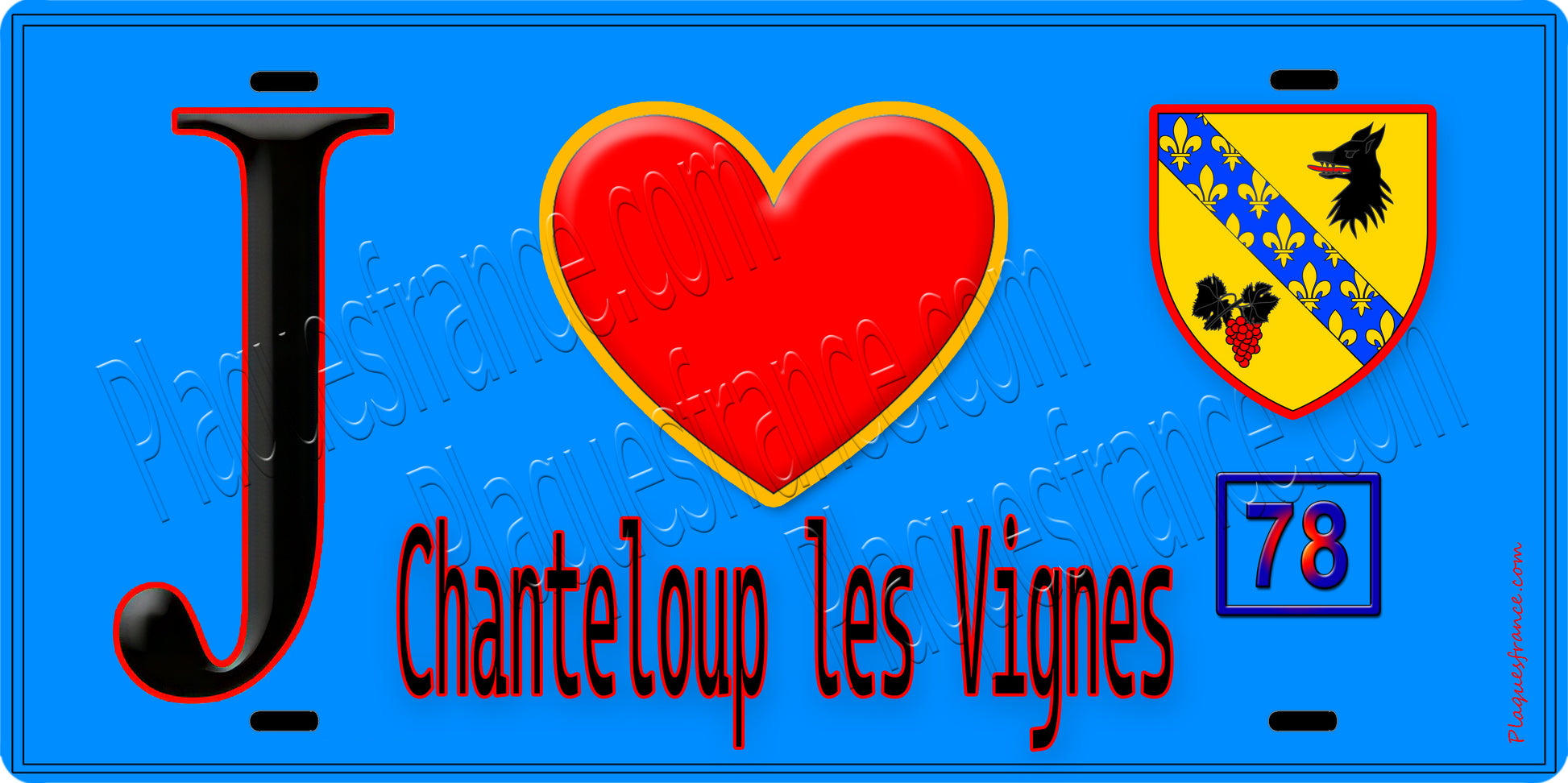 Plaque métal décorative  J' ❤️ Chanteloup-les-Vignes, Yvelines (78) fond bleu