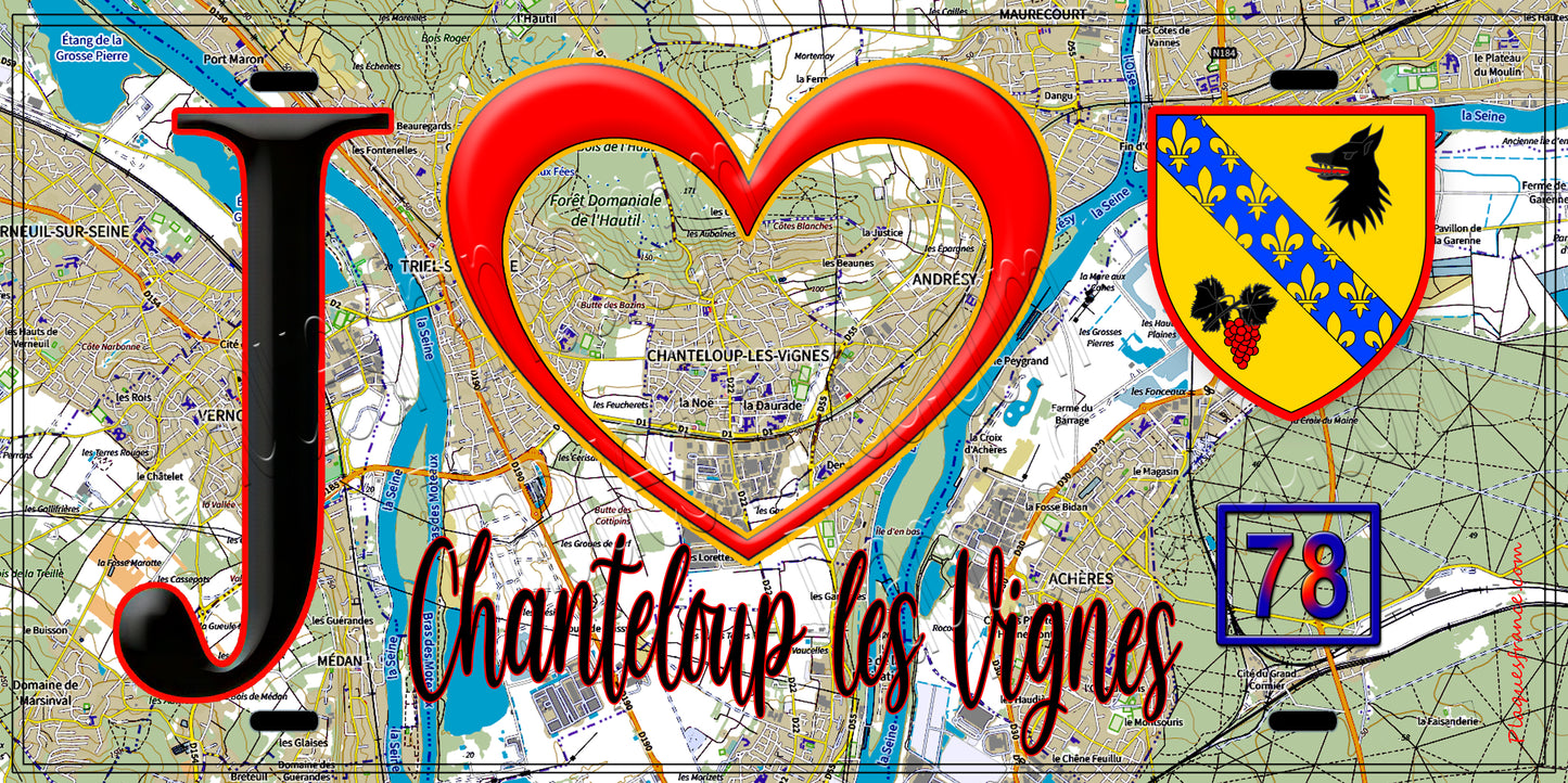 Plaque métal décorative  J' ❤️ Chanteloup-les-Vignes, Yvelines (78) fond carte