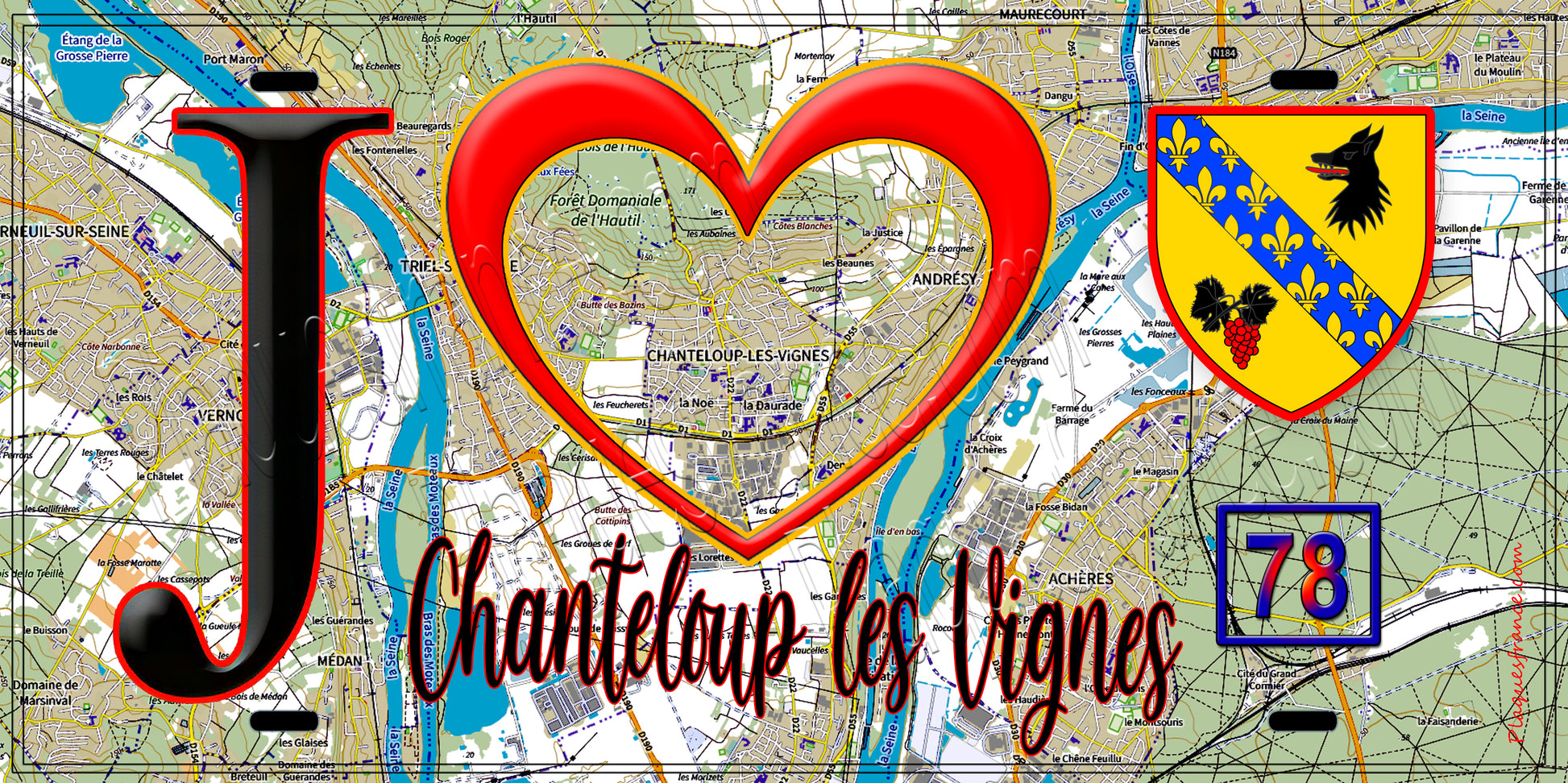 Plaque métal décorative  J' ❤️ Chanteloup-les-Vignes, Yvelines (78) fond carte
