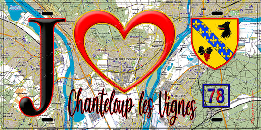 Plaque métal décorative  J' ❤️ Chanteloup-les-Vignes, Yvelines (78) fond carte