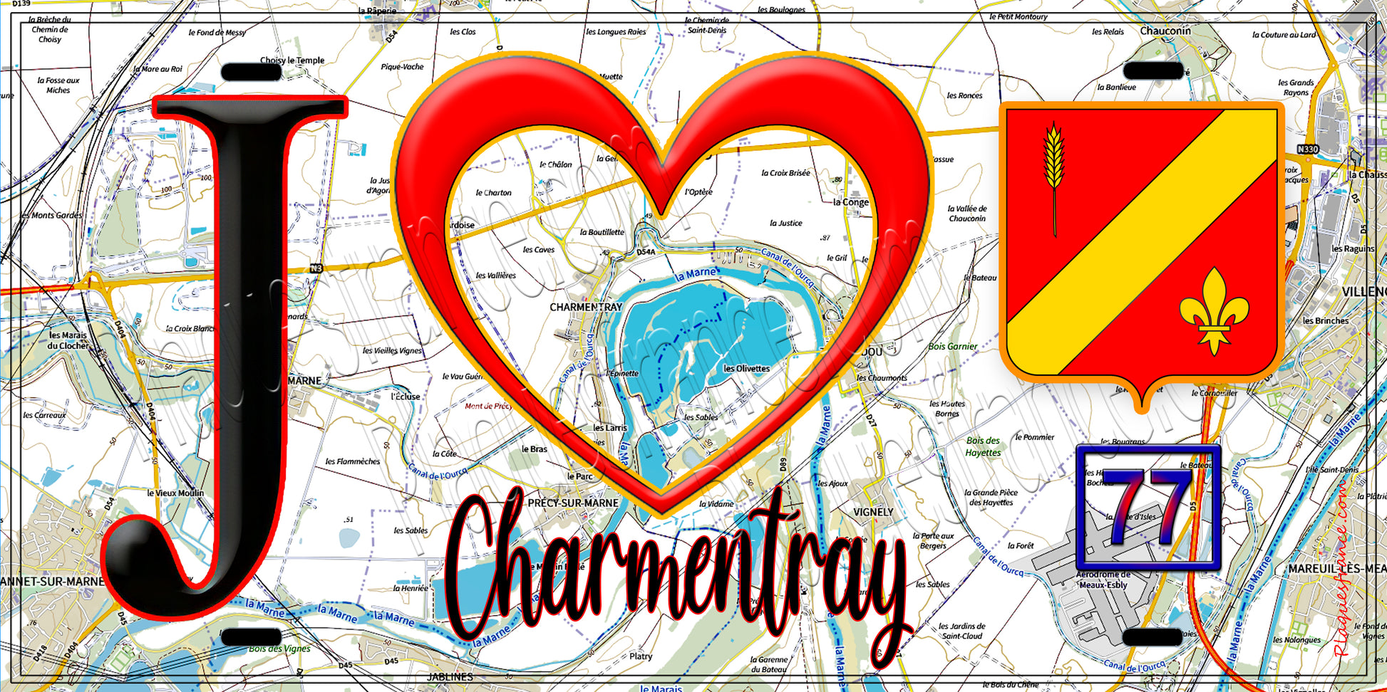Plaque métal décorative  J' ❤️Charmentray, Seine et Marne (77) (Copie) fond carte