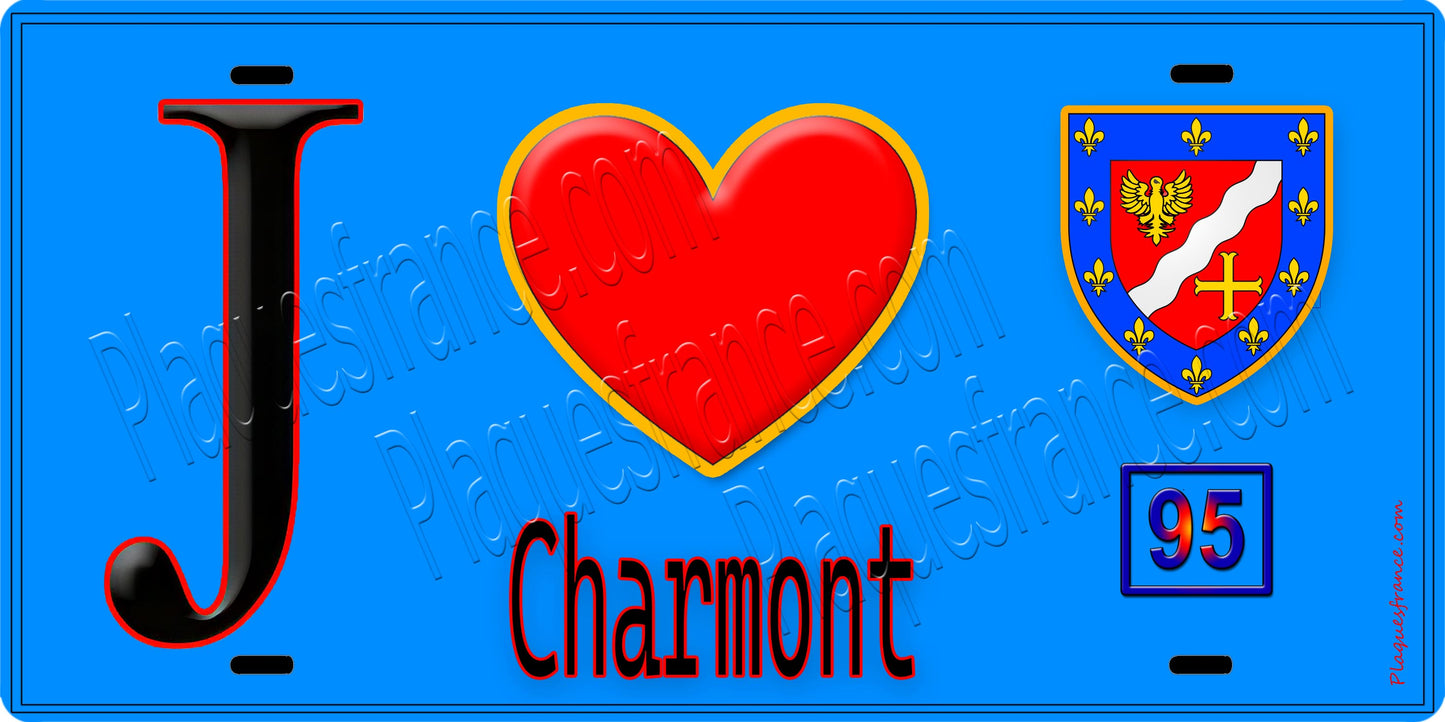 Plaque métal décorative  J' ❤️Charmont, Val d'Oise (95) fond bleu