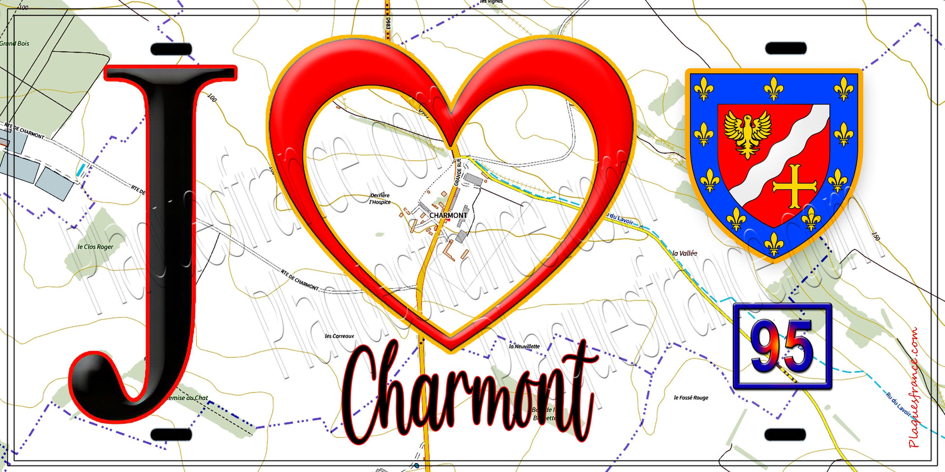 Plaque métal décorative  J' ❤️Charmont, Val d'Oise (95) fond carte