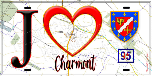 Plaque métal décorative  J' ❤️Charmont, Val d'Oise (95) fond carte