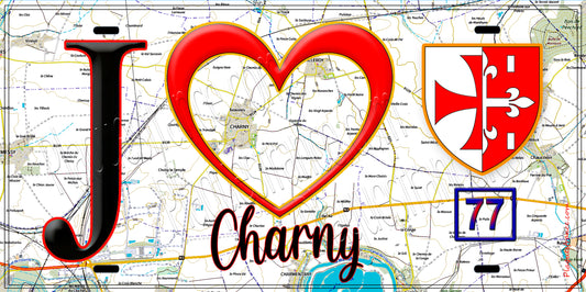 Plaque métal décorative  J' ❤️Charny, Seine et Marne (77) fond carte