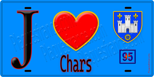Plaque métal décorative  J' ❤️Chars, Val d'Oise (95) fond bleu