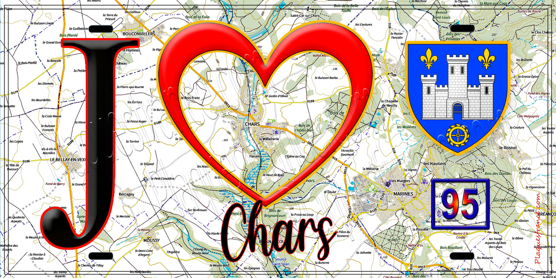 Plaque métal décorative  J' ❤️Chars, Val d'Oise (95) fond carte
