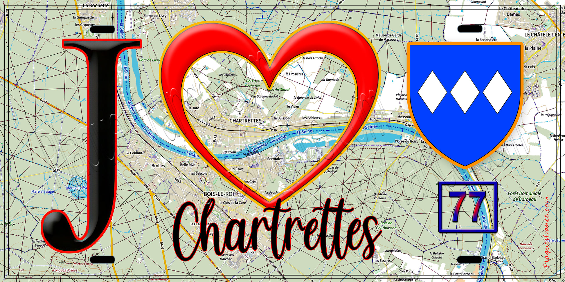 Plaque métal décorative  J' ❤️Chartrettes, Seine et Marne (77) fond carte