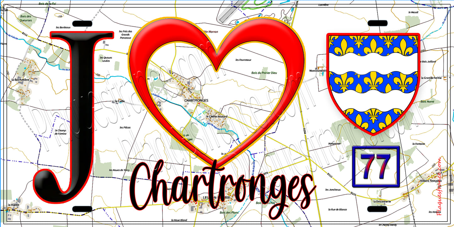 Plaque métal décorative  J' ❤️Chartronges, Seine et Marne (77)