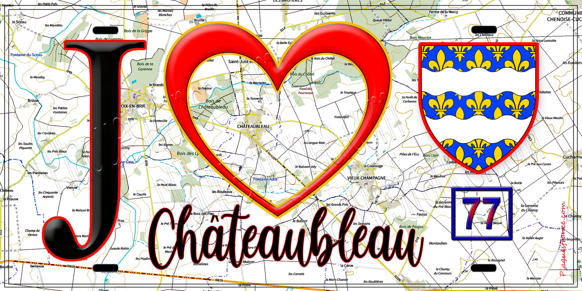 Plaque métal décorative  J' ❤️Châteaubleau, Seine et Marne (77) fond carte