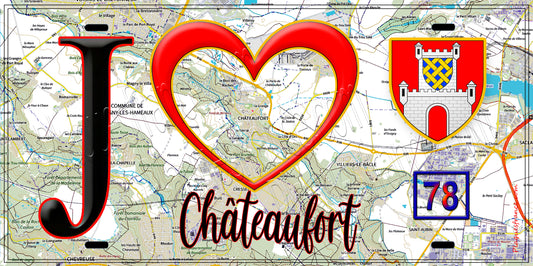 Plaque métal décorative  J' ❤️ Châteaufort, Yvelines (78) fond carte