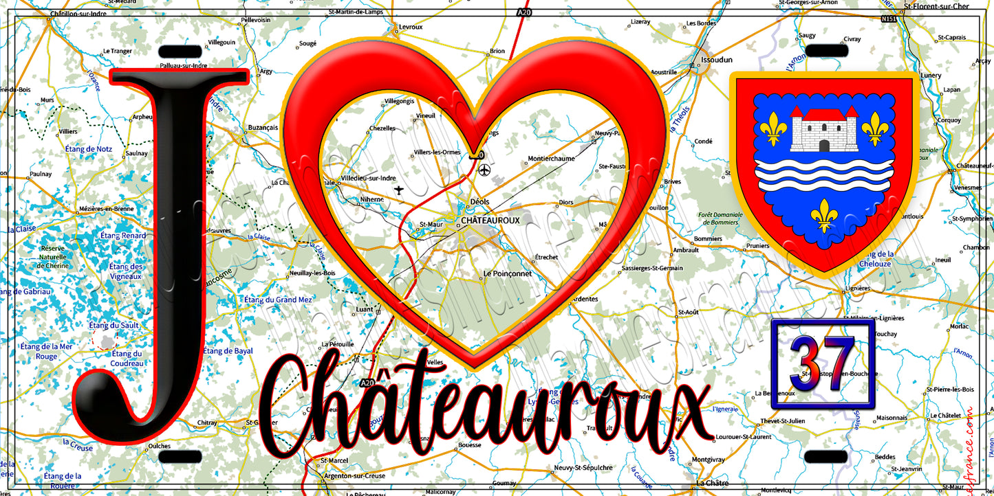 Plaque métal décorative  J' ❤️Châteauroux, Indre (36) fond carte