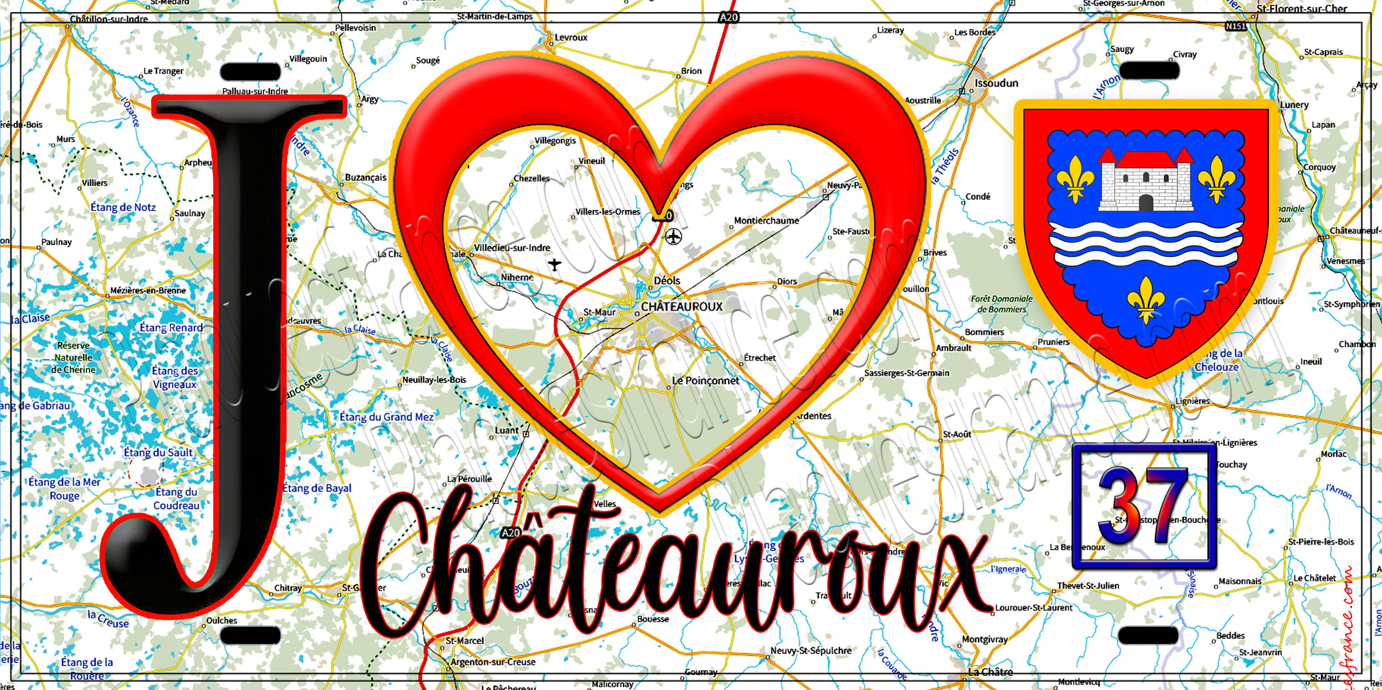 Plaque métal décorative  J' ❤️Châteauroux, Indre (36) fond carte