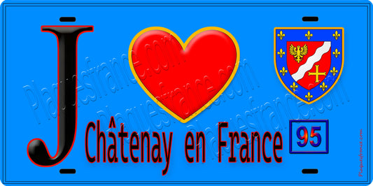 Plaque métal décorative  J' ❤️Châtenay-en-France, Val d'Oise (95) fond bleu