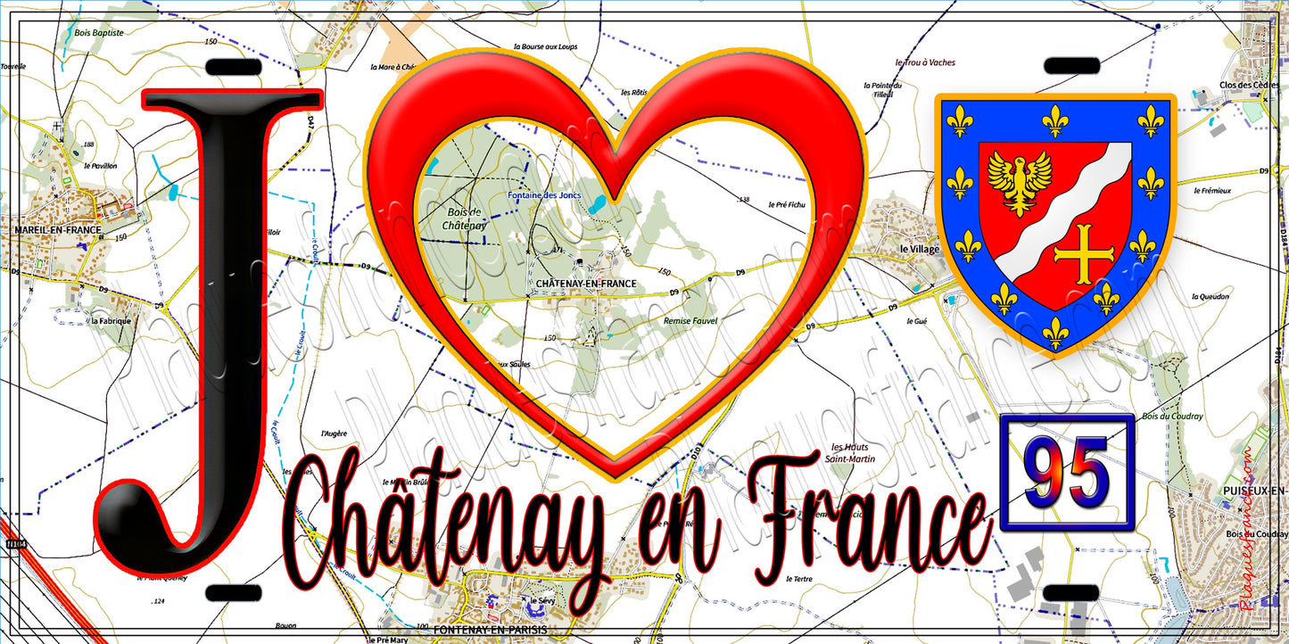 Plaque métal décorative  J' ❤️Châtenay-en-France, Val d'Oise (95) fond carte