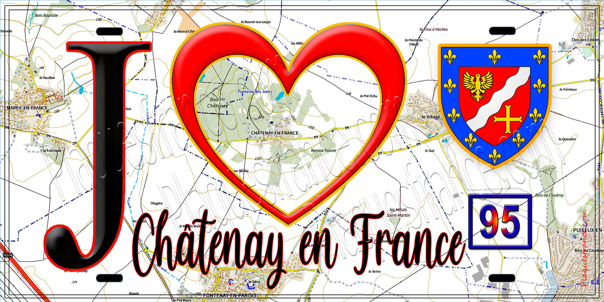 Plaque métal décorative  J' ❤️Châtenay-en-France, Val d'Oise (95) fond carte