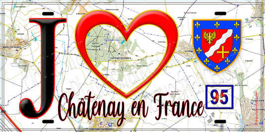 Plaque métal décorative  J' ❤️Châtenay-en-France, Val d'Oise (95) fond carte