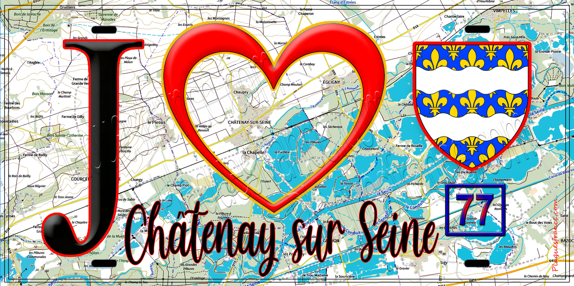 Plaque métal décorative  J' ❤️Châtenay-sur-Seine, Seine et Marne (77) fond carte