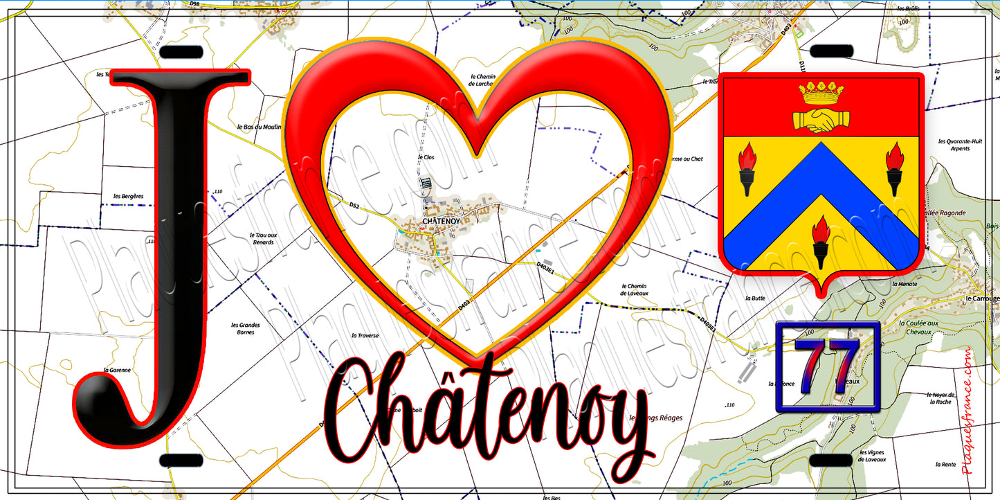Plaque métal décorative  J' ❤️Châtenoy, Seine et Marne (77) fond carte
