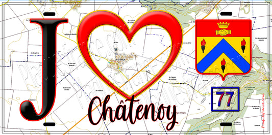 Plaque métal décorative  J' ❤️Châtenoy, Seine et Marne (77) fond carte