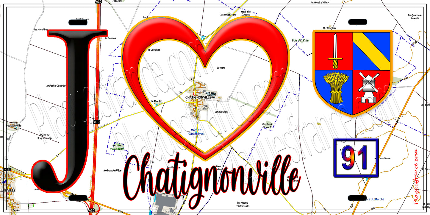 Plaque métal décorative  J' ❤️Chatignonville, Essonne (91) fond carte