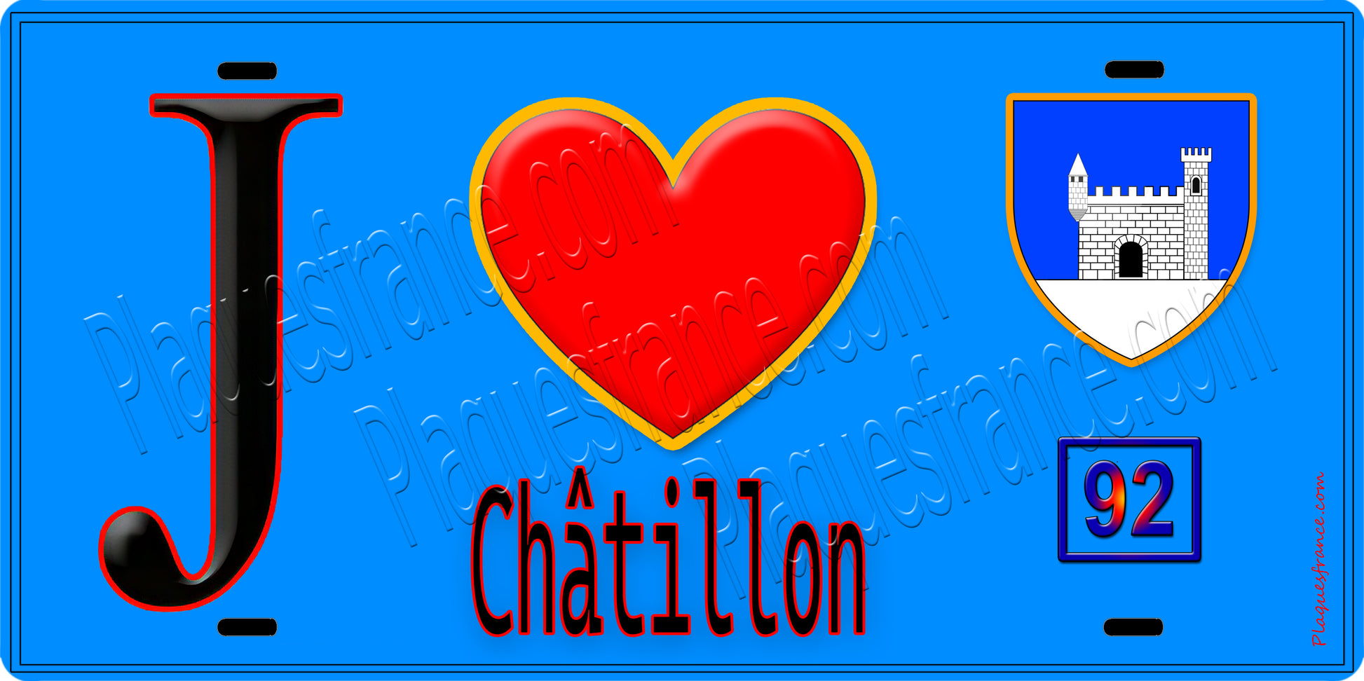 Plaque métal décorative  J' ❤️ Châtillon, Hauts de Seine (92) fond bleu