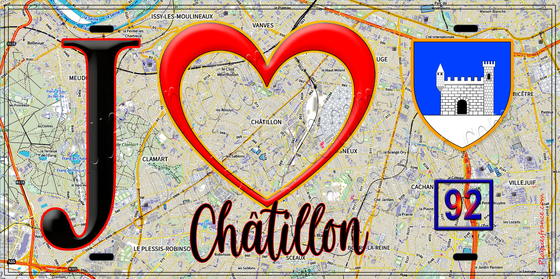 Plaque métal décorative  J' ❤️ Châtillon, Hauts de Seine (92) fond carte
