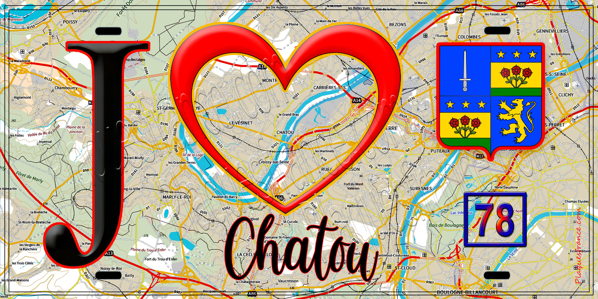 Plaque métal décorative  J' ❤️ Chatou, Yvelines (78) fond cate