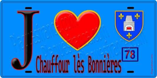 Plaque métal décorative  J' ❤️ Chaufour-lès-Bonnières, Yvelines (78) fond bleu