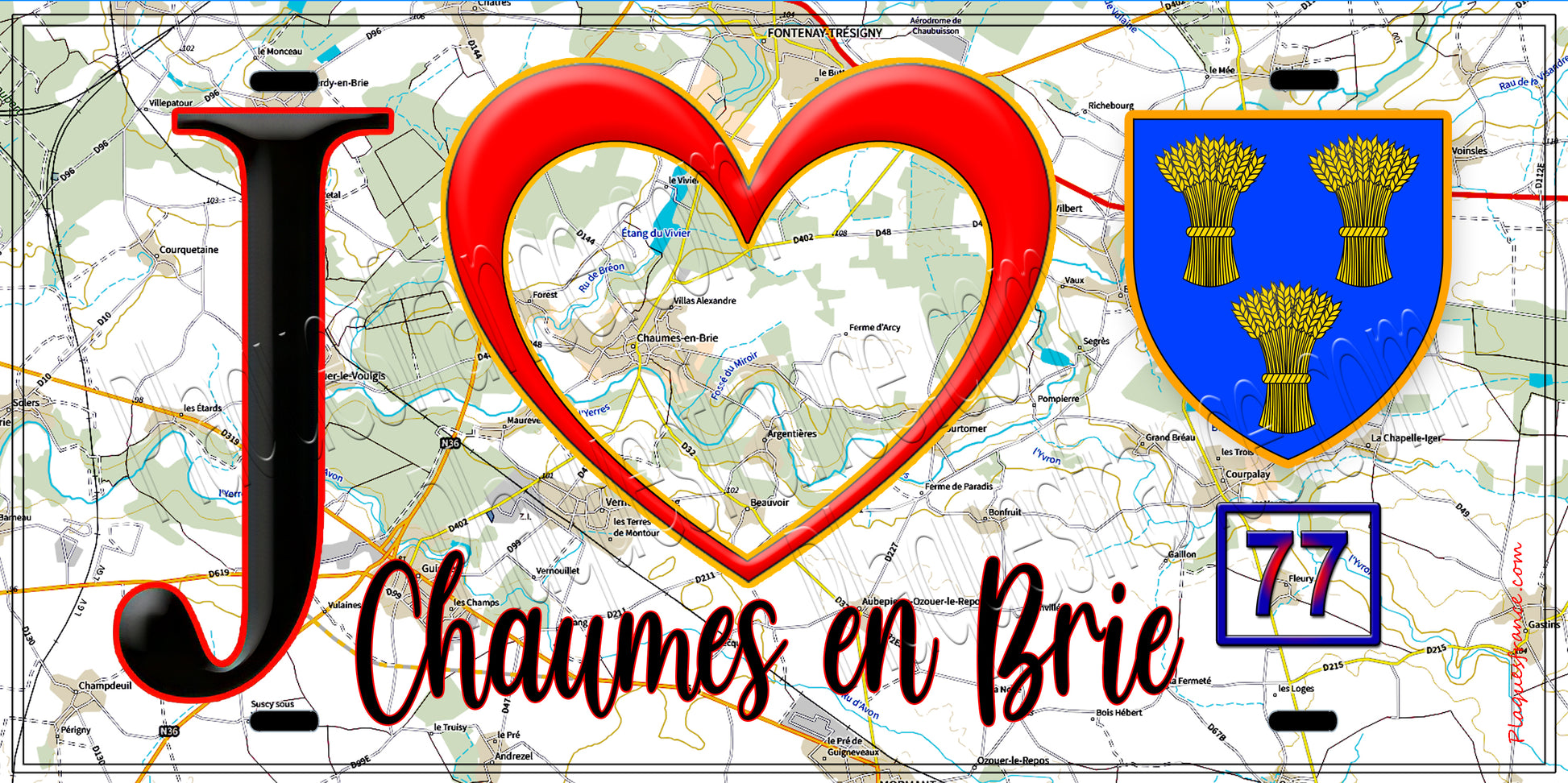 Plaque métal décorative  J' ❤️Chaumes-en-Brie, Seine et Marne (77) fond carte